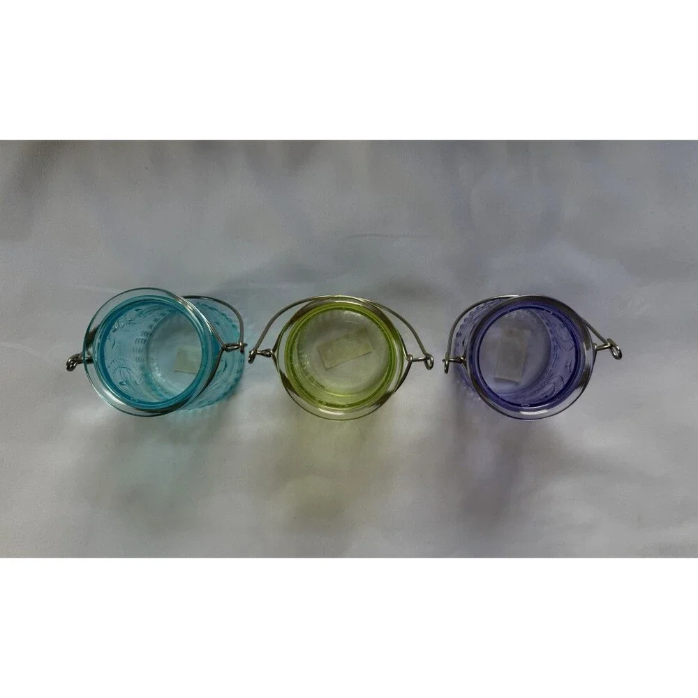 Yankee Candle French Glass 3 Piece Tea light Votive Holders Purple Blue Green